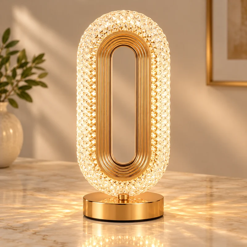 The gold oval lamp glowing warmly on a marble surface, showing its faceted acrylic shade, open centre and round gold-tone base