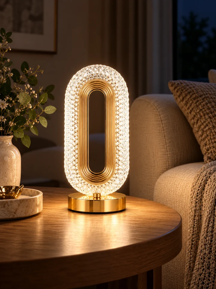The gold oval lamp glowing white on a round wooden side table beside a sofa at night