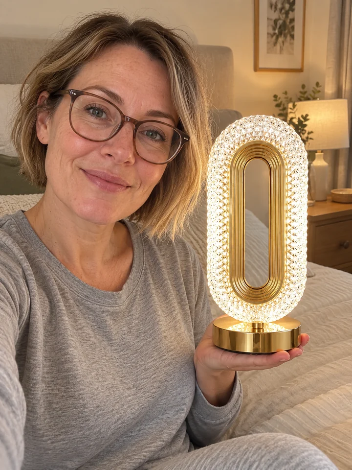 The gold oval lamp held in one hand, glowing with white light in a bedroom