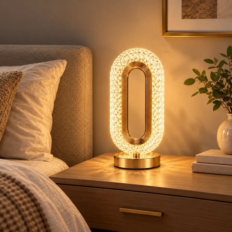 The gold oval lamp glowing warmly on a wooden bedside table beside a bed, a plant and a small stack of books