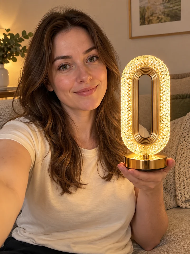 The gold oval lamp held in one hand, glowing with warm light in a sitting room