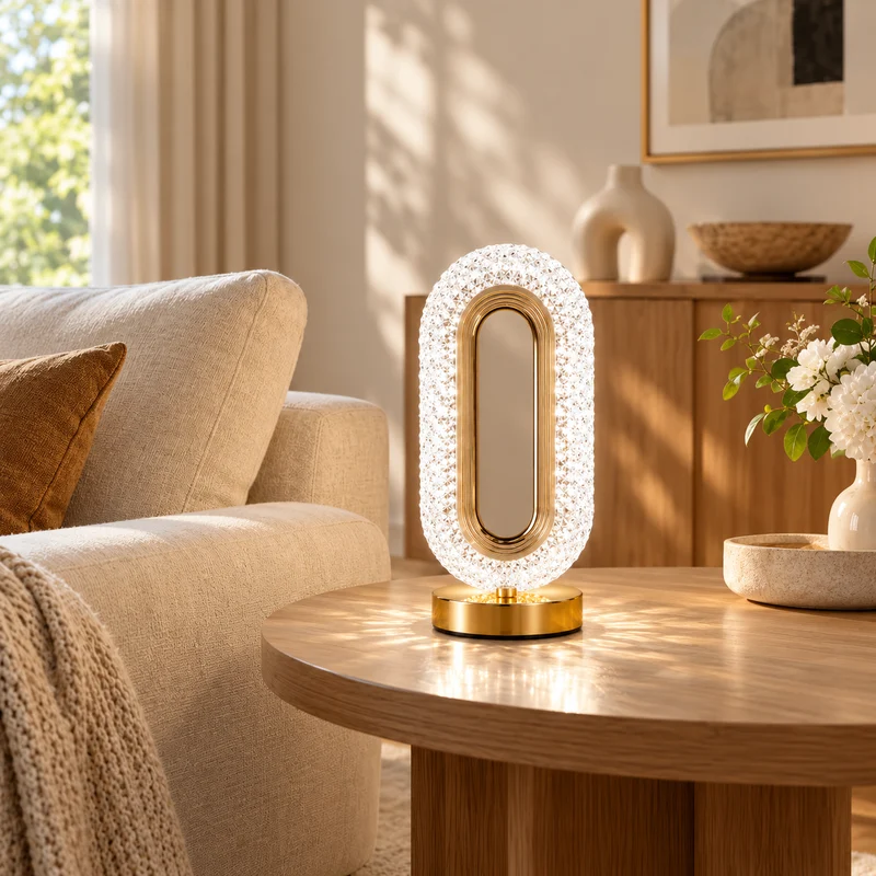 The gold oval lamp glowing white on a round wooden coffee table beside a cream sofa in a sunlit sitting room